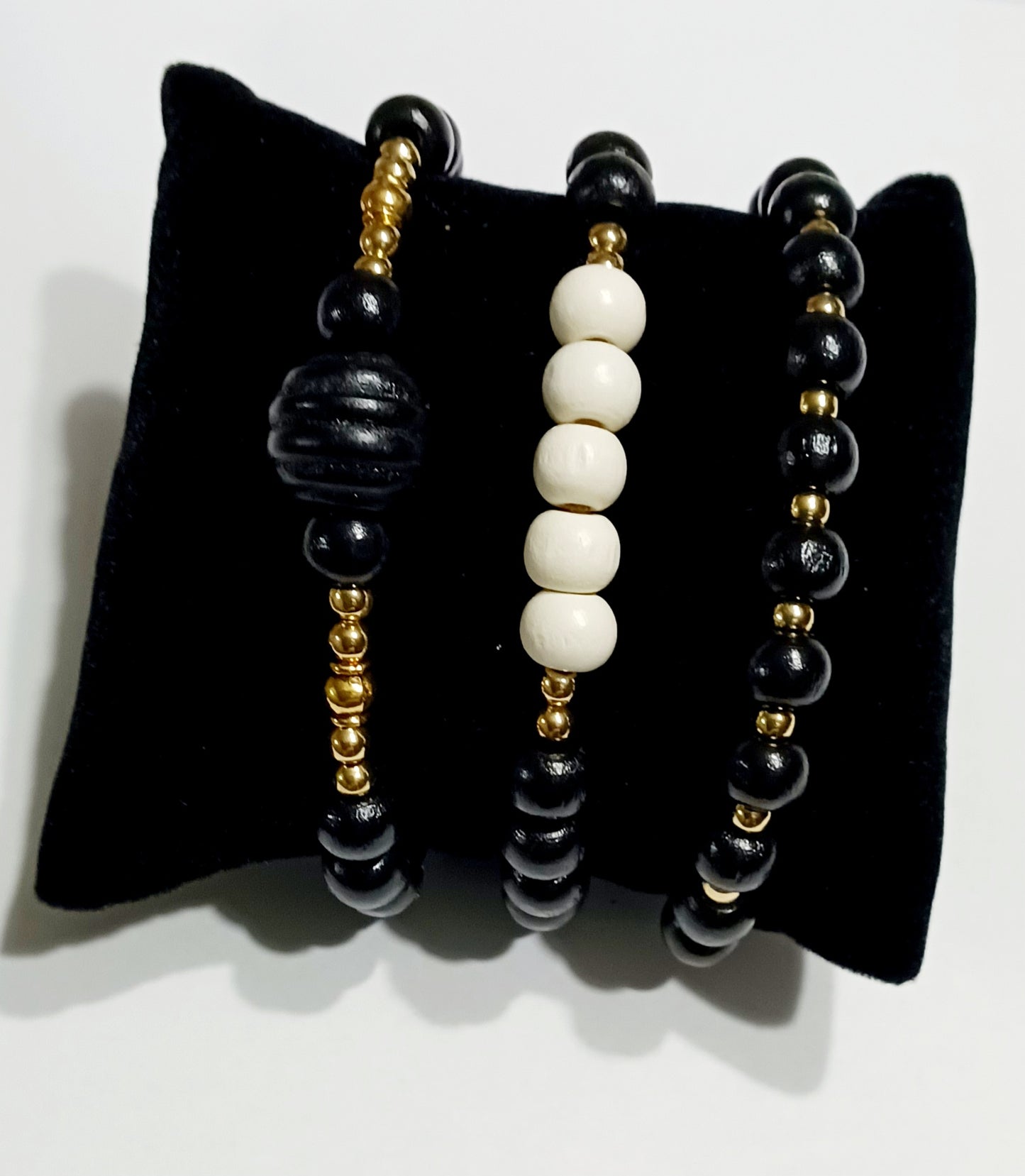 3-Piece Wood and Gold Plated Bracelet Set -- Black and Ivory