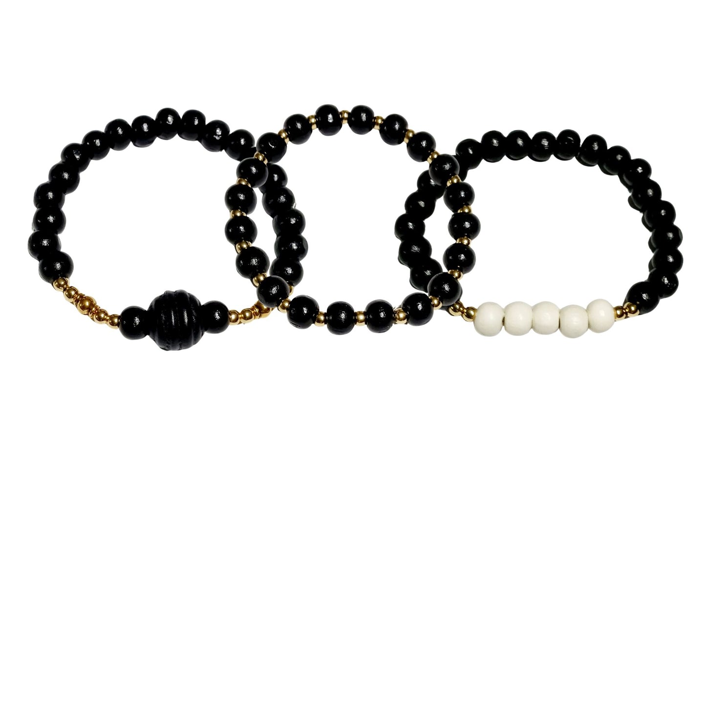 3-Piece Wood and Gold Plated Bracelet Set -- Black and Ivory