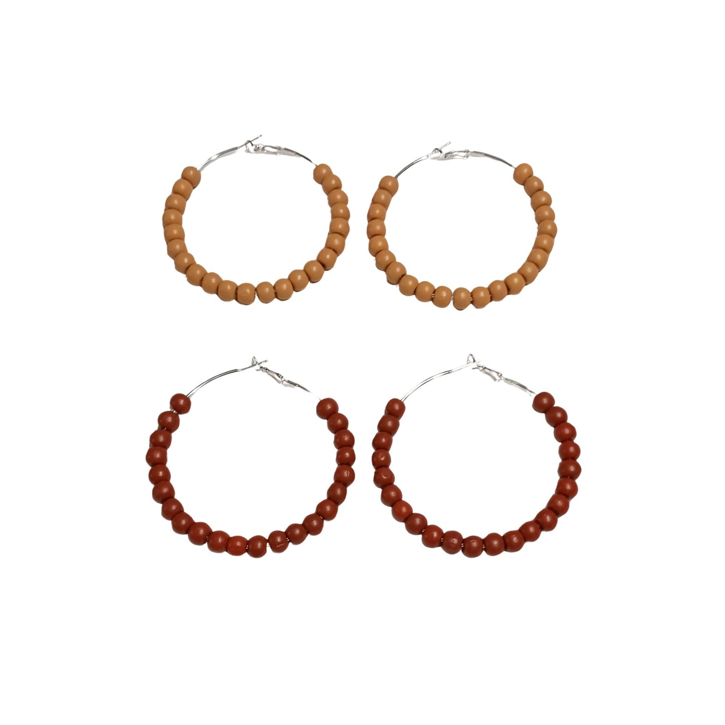 2 Pair Large (70mm) Wood Bead Hoop Earrings -- Light Brown and Reddish Brown