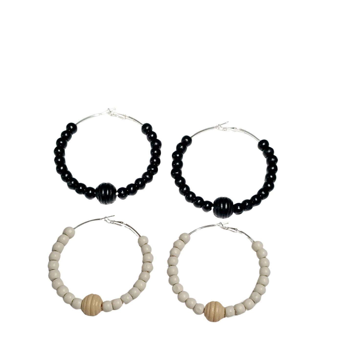 2 Pair Large (70mm) Wood Bead Hoop Earrings - Black and Ivory