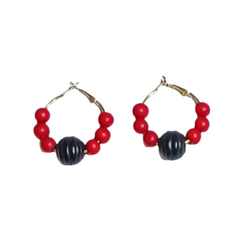 Red Round and Black Fluted Earrings