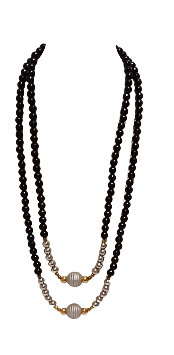 Double Stacked Black, Silver and Gold Necklace Set