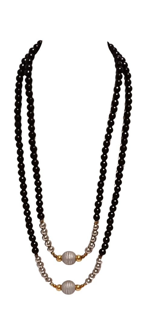 Double Stacked Black, Silver and Gold Necklace Set
