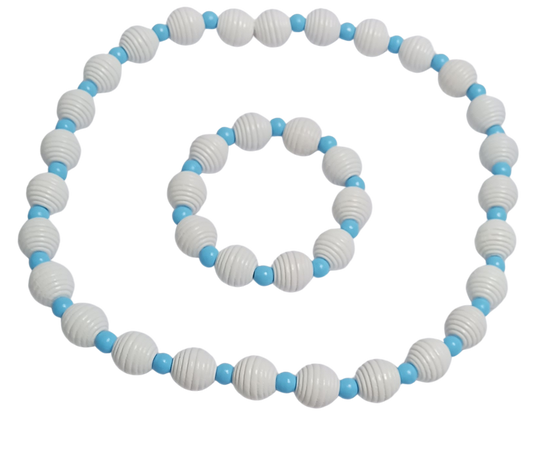 White and Light Blue Fluted Necklace and Bracelet Set