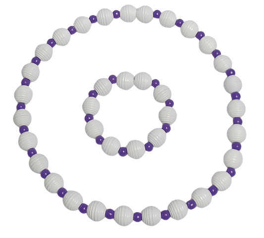 White and Purple Fluted Necklace and Bracelet Set